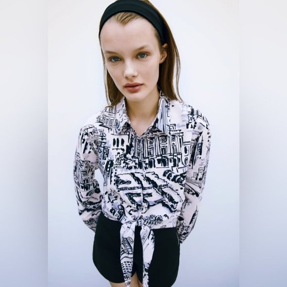 Zara Tied Button-down Shirt Size Small White Black Printed Top Flared Cuffs - Picture 5 of 11